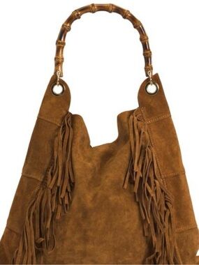 MARLON Firenze Italian Suede Fringe Hobo Tote Bag With Bamboo Handle